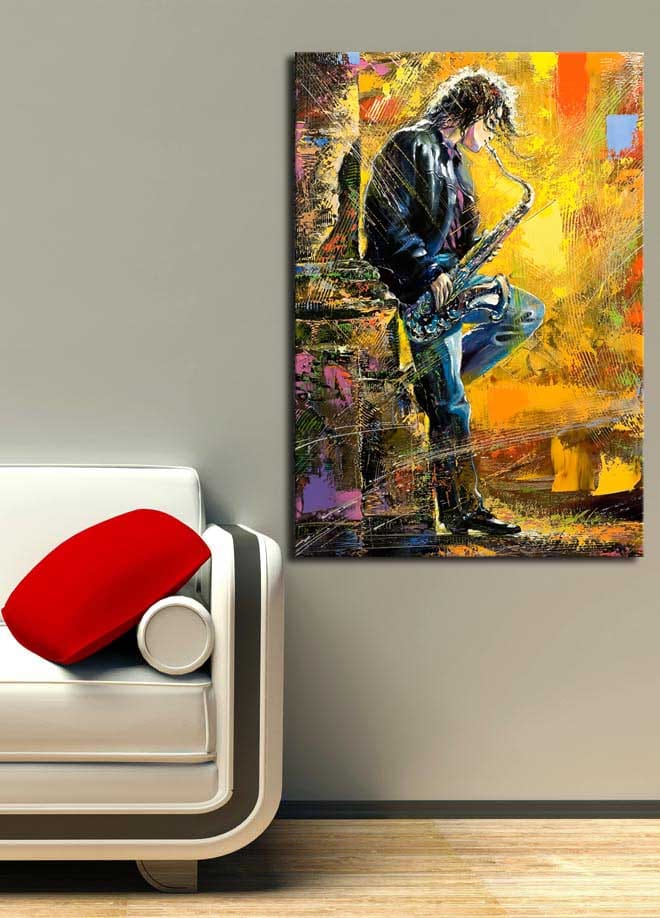 Canvas taulu 70x100 cm - Saksofonisti soittaa intohimoisesti värikkäässä ympäristössä - Keltainen / Sininen / Musta - Sisustustuotteet - Taulu & taide - Canvas-taulu