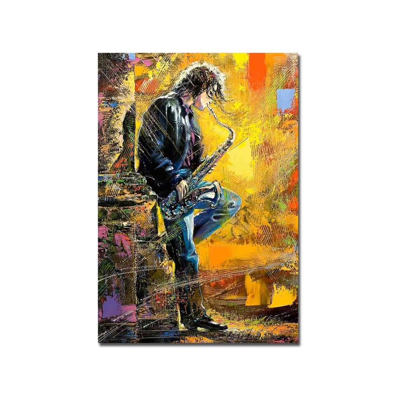 Canvas taulu 70x100 cm - Saksofonisti soittaa intohimoisesti värikkäässä ympäristössä - Keltainen / Sininen / Musta - Sisustustuotteet - Taulu & taide - Canvas-taulu