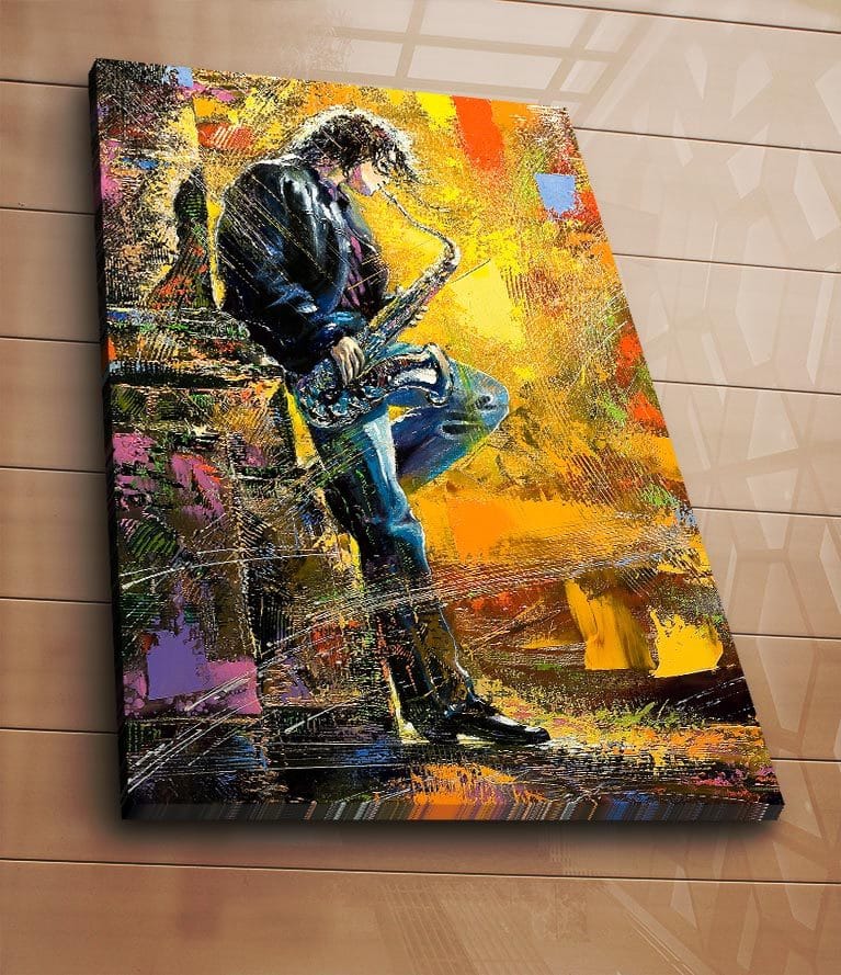 Canvas taulu 70x100 cm - Saksofonisti soittaa intohimoisesti värikkäässä ympäristössä - Keltainen / Sininen / Musta - Sisustustuotteet - Taulu & taide - Canvas-taulu
