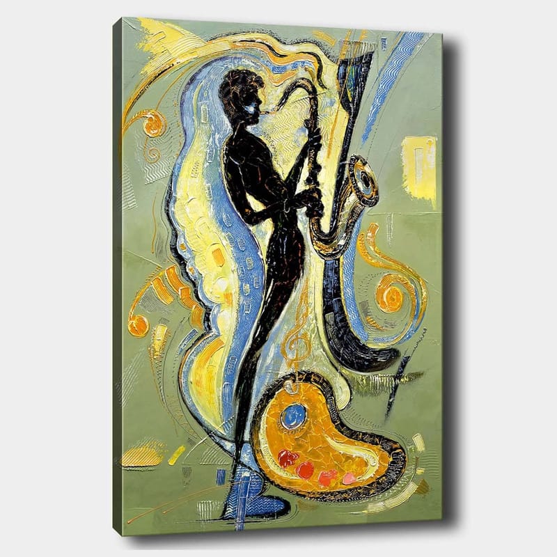 Canvas taulu 70x100 cm - Saksofonistin siluetti musiikillisten elementtien ja värikkäiden kuvioiden ympäröimänä, Musta / Kulta / Sininen