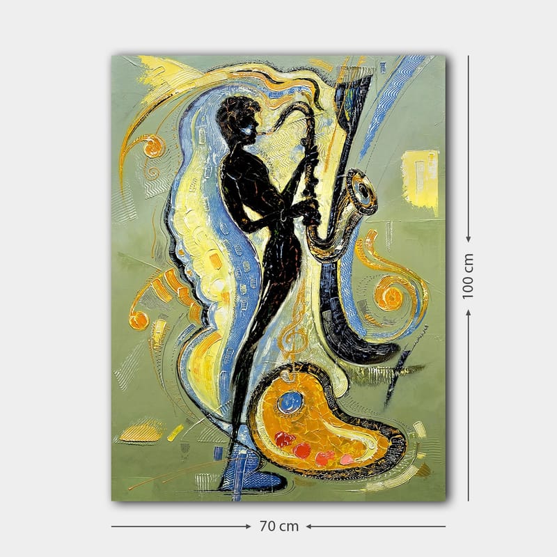 Canvas taulu 70x100 cm - Saksofonistin siluetti musiikillisten elementtien ja värikkäiden kuvioiden ympäröimänä - Musta / Kulta / Sininen - Sisustustuotteet - Taulu & taide - Canvas-taulu