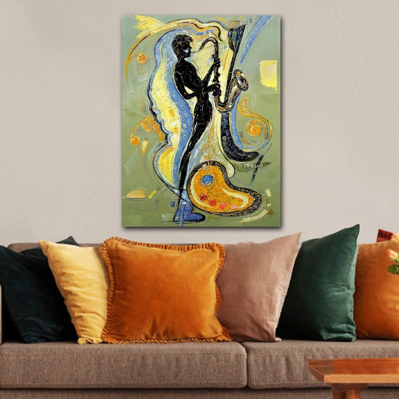 Canvas taulu 70x100 cm - Saksofonistin siluetti musiikillisten elementtien ja värikkäiden kuvioiden ympäröimänä - Musta / Kulta / Sininen - Sisustustuotteet - Taulu & taide - Canvas-taulu