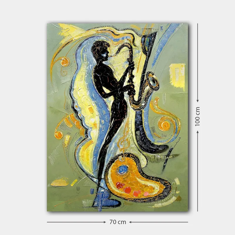 Canvas taulu 70x100 cm - Saksofonistin siluetti musiikillisten elementtien ja värikkäiden kuvioiden ympäröimänä - Musta / Kulta / Sininen - Sisustustuotteet - Taulu & taide - Canvas-taulu