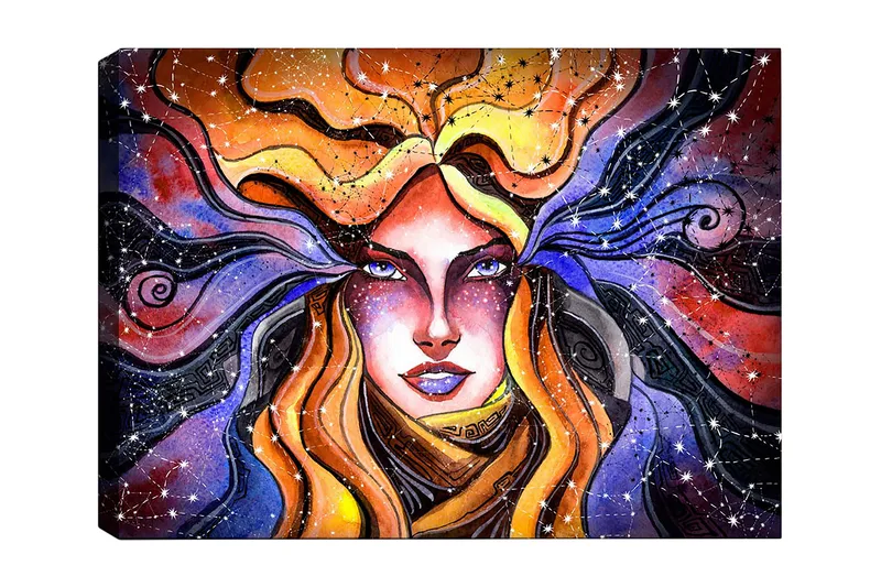 Canvas taulu 70x100 cm - Salaperäinen nainen, jonka hulmuavat hiukset kurottelevat tähtitaivaalle, Oranssi / Violetti / Kulta