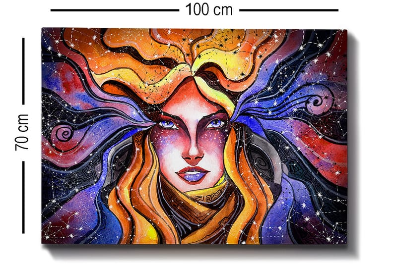 Canvas taulu 70x100 cm - Salaperäinen nainen, jonka hulmuavat hiukset kurottelevat tähtitaivaalle - Oranssi / Violetti / Kulta - Sisustustuotteet - Taulu & taide - Canvas-taulu