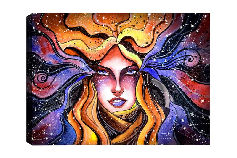 Canvas taulu 70x100 cm - Salaperäinen nainen, jonka hulmuavat hiukset kurottelevat tähtitaivaalle, Oranssi / Violetti / Kulta