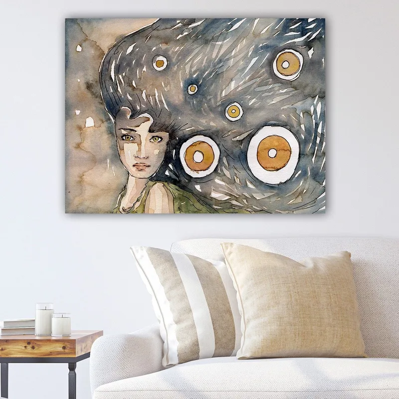 Canvas taulu 70x100 cm - Salaperäinen nainen suurilla, hulmuavilla hiuksilla, pyöreiden muotojen ympäröimänä, Tummansininen / Beige / Oranssi