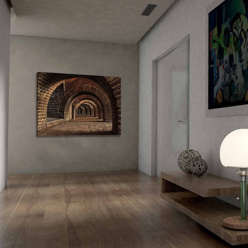 Canvas taulu 70x100 cm - Sarja kaaria vanhassa kivirakenteessa, joka luo syvyyden ja perspektiivin tunteen - Tummanruskea / Harmaa / Beige - Sisustustuotteet - Taulu & taide - Canvas-taulu