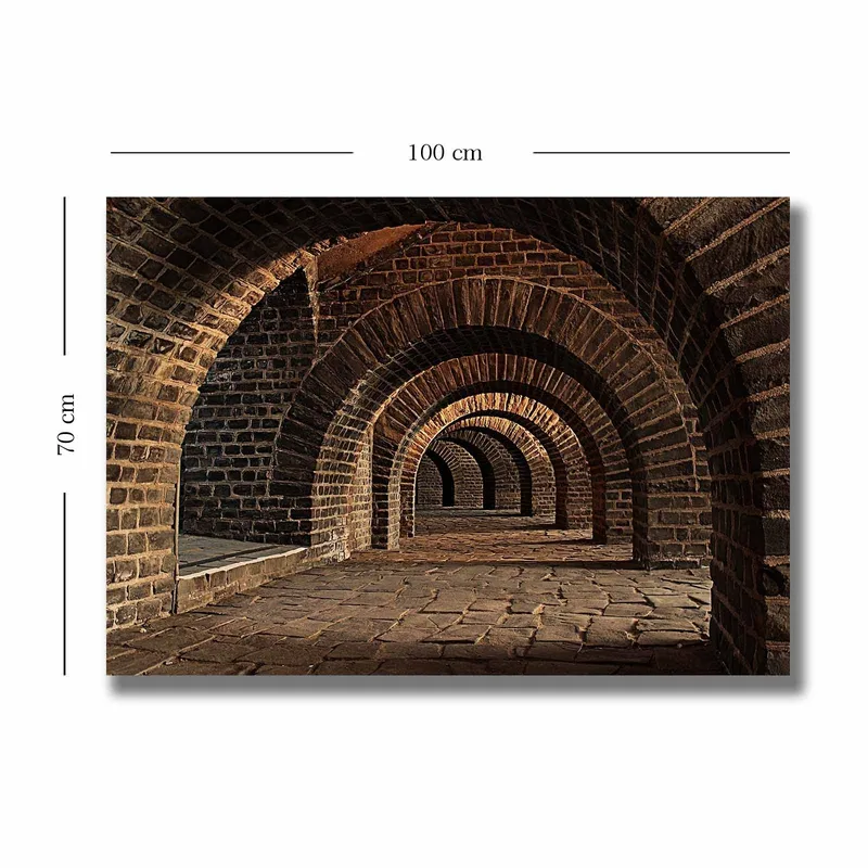 Canvas taulu 70x100 cm - Sarja kaaria vanhassa kivirakenteessa, joka luo syvyyden ja perspektiivin tunteen - Tummanruskea / Harmaa / Beige - Sisustustuotteet - Taulu & taide - Canvas-taulu