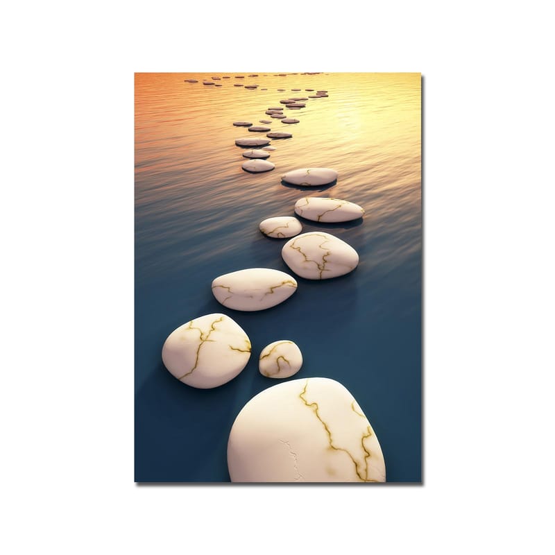 Canvas taulu 70x100 cm - Sarja valkoisia kiviä ja kultaisia suonia kellumassa syvänsinisellä pinnalla auringonlaskun aikaan - Valkoinen / Sininen / Kulta - Sisustustuotteet - Taulu & taide - Canvas-taulu