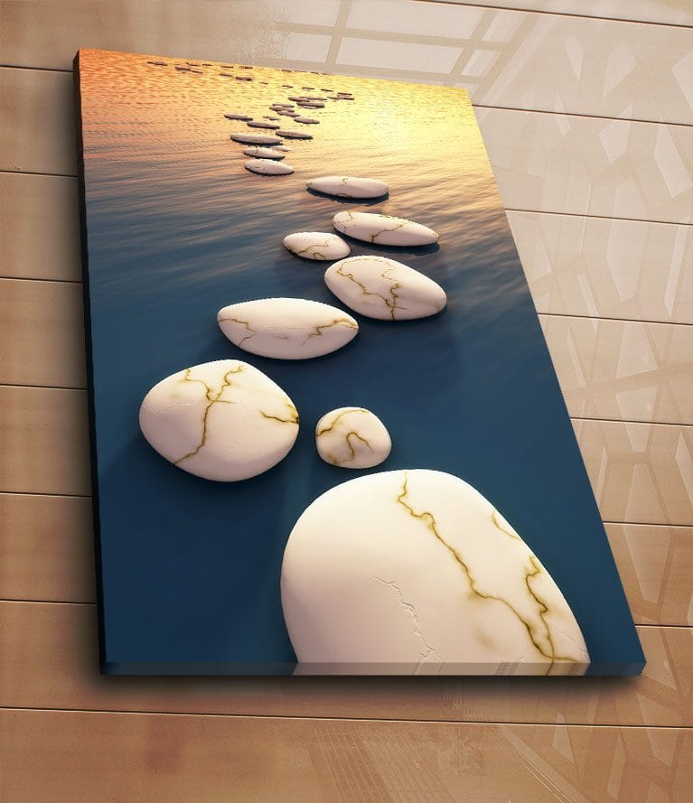 Canvas taulu 70x100 cm - Sarja valkoisia kiviä ja kultaisia suonia kellumassa syvänsinisellä pinnalla auringonlaskun aikaan - Valkoinen / Sininen / Kulta - Sisustustuotteet - Taulu & taide - Canvas-taulu