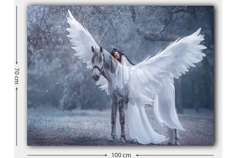 Canvas taulu 70x100 cm - Siivekäs nainen syleilee harmaata hevosta, jolla on suuret valkoiset siivet - Valkoinen / Harmaa / Vaaleansininen - Sisustustuotteet - Taulu & taide - Canvas-taulu