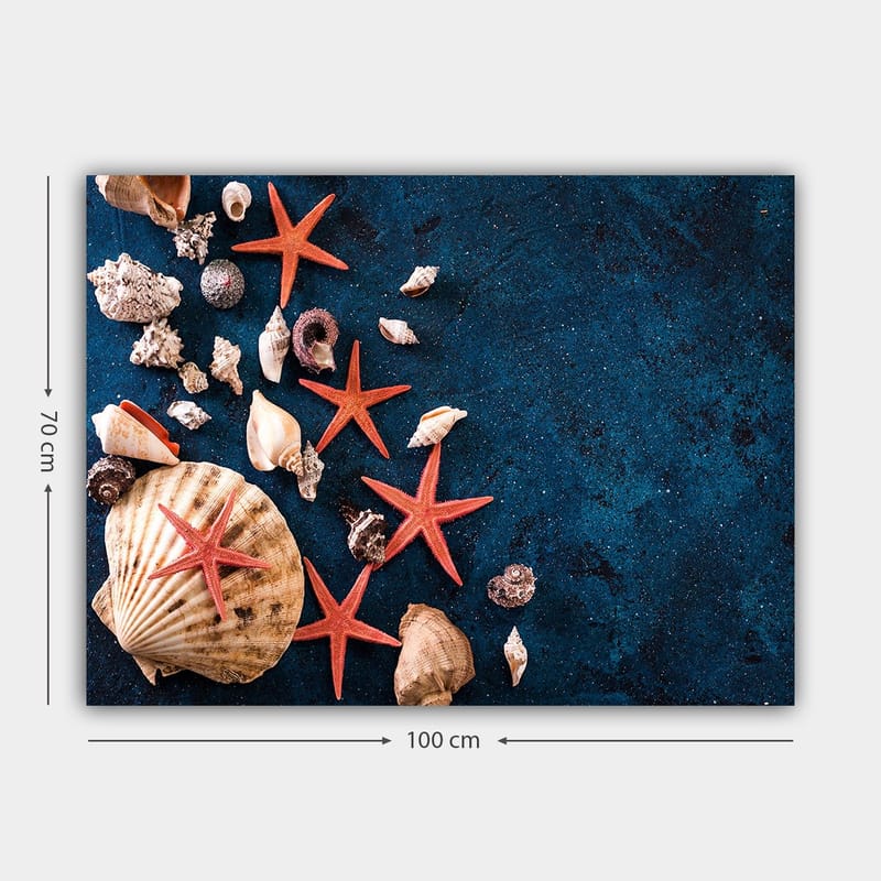 Canvas taulu 70x100 cm - Simpukankuoria ja meritähtiä syvänsinisellä pinnalla - Syvän sininen / Punainen / Beige - Sisustustuotteet - Taulu & taide - Canvas-taulu