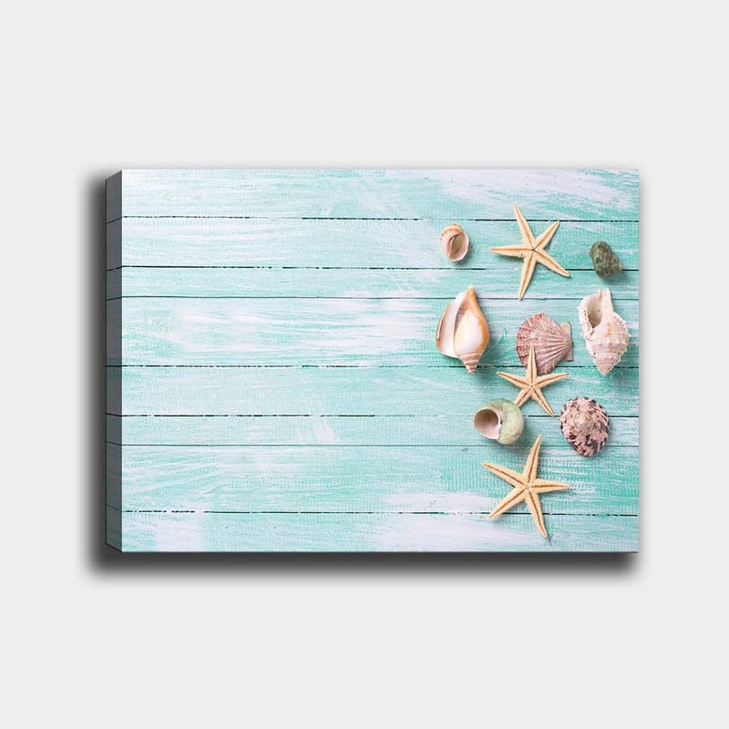 Canvas taulu 70x100 cm - Simpukankuoria ja meritähtiä vaaleansinisellä puupinnalla, Vaaleansininen / Beige / Vihreä