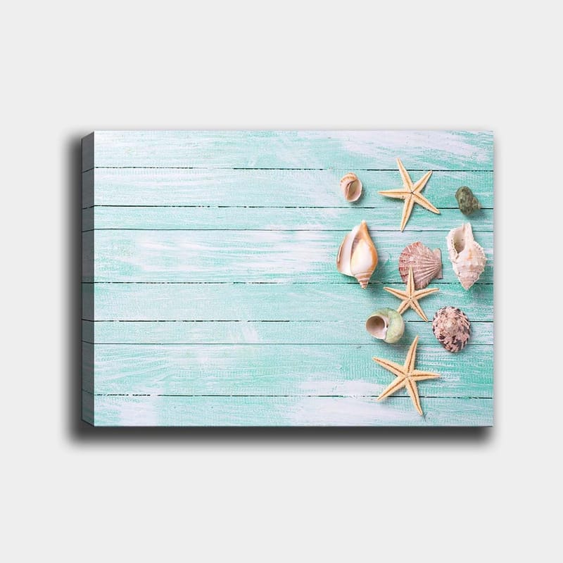 Canvas taulu 70x100 cm - Simpukankuoria ja meritähtiä vaaleansinisellä puupinnalla, Vaaleansininen / Beige / Vihreä