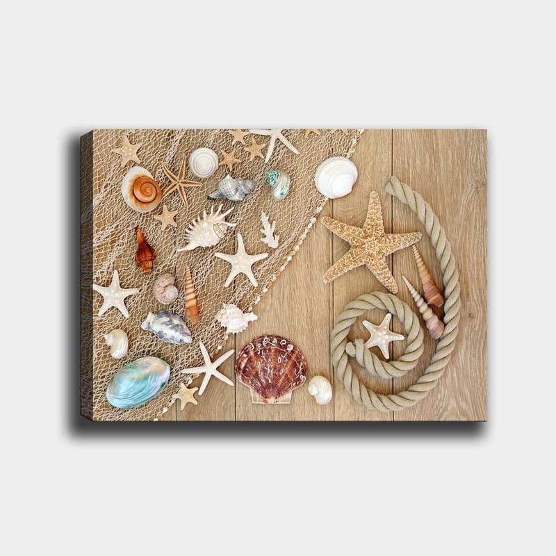 Canvas taulu 70x100 cm - Simpukankuoria ja meritähtiä puupinnalla, Beige / Valkoinen / Ruskea