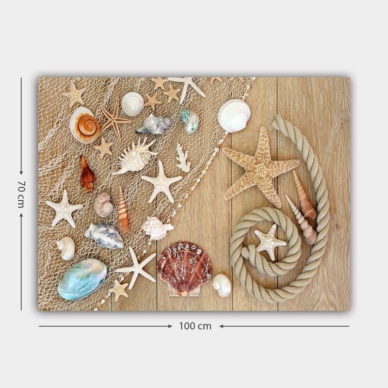 Canvas taulu 70x100 cm - Simpukankuoria ja meritähtiä puupinnalla - Beige / Valkoinen / Ruskea - Sisustustuotteet - Taulu & taide - Canvas-taulu
