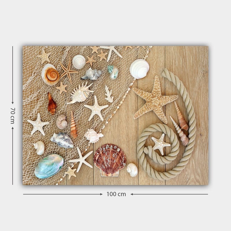 Canvas taulu 70x100 cm - Simpukankuoria ja meritähtiä puupinnalla - Beige / Valkoinen / Ruskea - Sisustustuotteet - Taulu & taide - Canvas-taulu