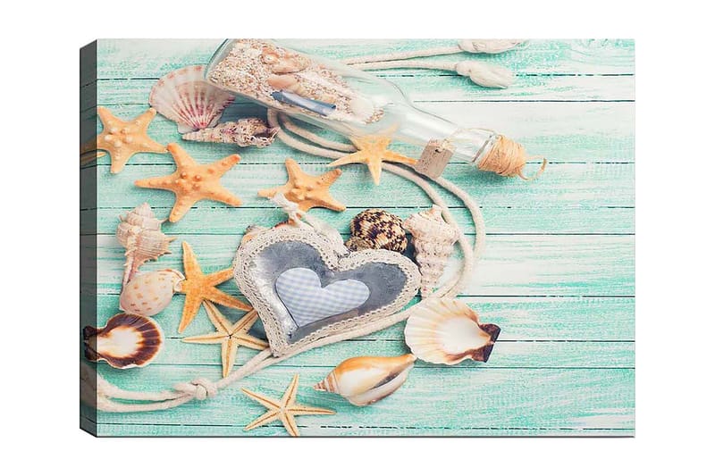 Canvas taulu 70x100 cm - Simpukankuoria ja tähtiä puupinnalla, keskipisteenä pullo ja sydämenmuotoinen esine, Vaaleansininen / Beige / Oranssi