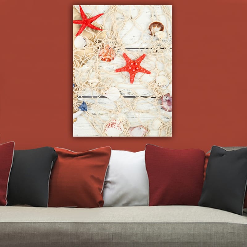 Canvas taulu 70x100 cm - Simpukankuoria ja tähtimuotoisia meritähtiä verkossa - Punainen / Beige / Valkoinen - Sisustustuotteet - Taulu & taide - Canvas-taulu