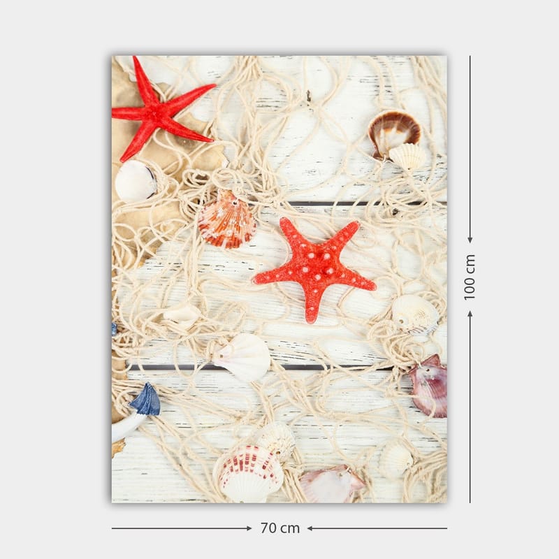 Canvas taulu 70x100 cm - Simpukankuoria ja tähtimuotoisia meritähtiä verkossa - Punainen / Beige / Valkoinen - Sisustustuotteet - Taulu & taide - Canvas-taulu