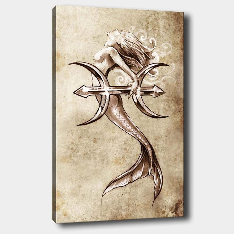 Canvas taulu 70x100 cm - Sireeni pitelee kolmikärkeä ja kurottaa kohti taivasta, Beige / Ruskea / Valkoinen