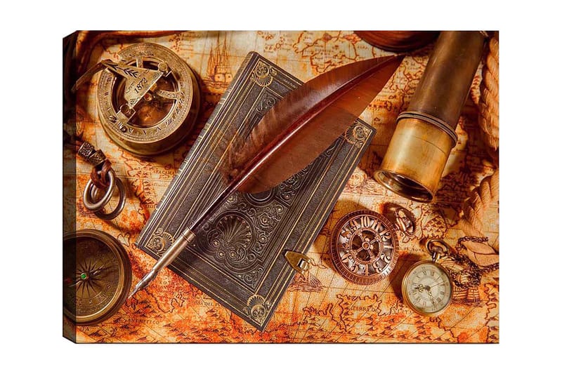 Canvas taulu 70x100 cm - Still-kuva antiikkisista navigointityökaluista ja sulkakynästä vanhalla kartalla, Tummanruskea / Kulta / Oranssi