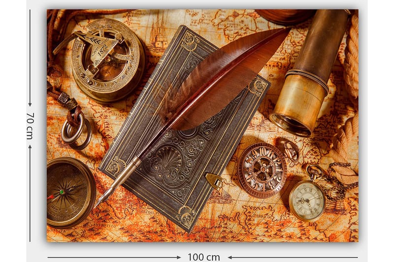 Canvas taulu 70x100 cm - Still-kuva antiikkisista navigointityökaluista ja sulkakynästä vanhalla kartalla - Tummanruskea / Kulta / Oranssi - Sisustustuotteet - Taulu & taide - Canvas-taulu