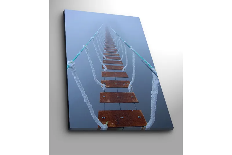 Canvas taulu 70x100 cm - Sumun läpi kurottava riippusilta luo salaperäisen ja etäisen tunnelman - Tummanruskea / Valkoinen / Vaaleansininen - Sisustustuotteet - Taulu & taide - Canvas-taulu