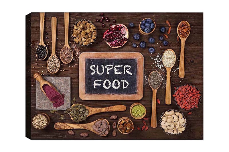 Canvas taulu 70x100 cm - Superfood-kokoelma puupinnalle asetettuna ja taululle, jossa lukee SUPER FOOD, Punainen / Vihreä / Musta