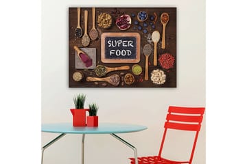 Canvas taulu 70x100 cm - Superfood-kokoelma puupinnalle asetettuna ja taululle, jossa lukee SUPER FOOD - Punainen / Vihreä / Musta - Sisustustuotteet - Taulu & taide - Canvas-taulu