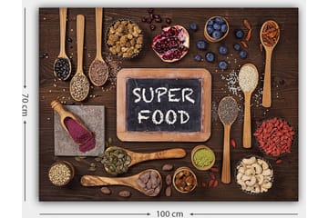 Canvas taulu 70x100 cm - Superfood-kokoelma puupinnalle asetettuna ja taululle, jossa lukee SUPER FOOD - Punainen / Vihreä / Musta - Sisustustuotteet - Taulu & taide - Canvas-taulu