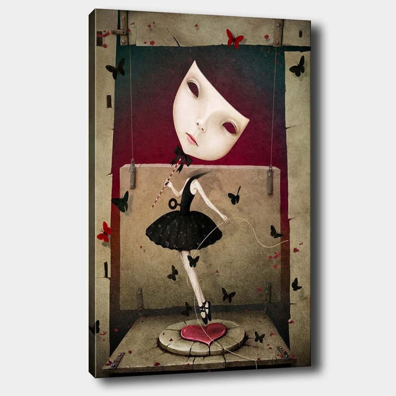 Canvas taulu 70x100 cm - Surrealistinen balettitanssija suuren, ilmeikkään kasvonaamion kanssa tanssimassa perhosten keskellä - Musta / Punainen / Beige - Sisustustuotteet - Taulu & taide - Canvas-taulu