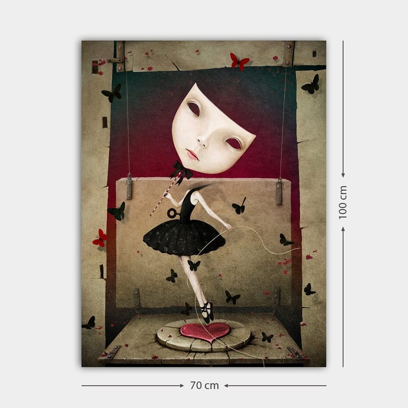 Canvas taulu 70x100 cm - Surrealistinen balettitanssija suuren, ilmeikkään kasvonaamion kanssa tanssimassa perhosten keskellä - Musta / Punainen / Beige - Sisustustuotteet - Taulu & taide - Canvas-taulu
