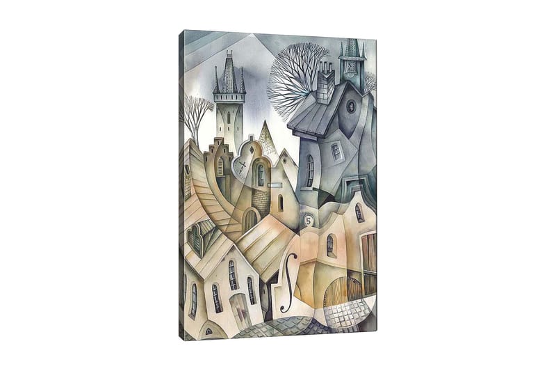 Canvas taulu 70x100 cm - Surrealistinen kaupunkikuva aaltoilevine taloineen ja torneineen luoden unenomaisen tunnelman, Harmaa / Beige / Valkoinen