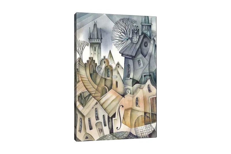 Canvas taulu 70x100 cm - Surrealistinen kaupunkikuva aaltoilevine taloineen ja torneineen luoden unenomaisen tunnelman, Harmaa / Beige / Valkoinen