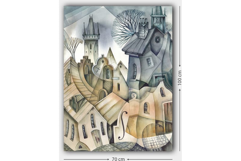 Canvas taulu 70x100 cm - Surrealistinen kaupunkikuva aaltoilevine taloineen ja torneineen luoden unenomaisen tunnelman - Harmaa / Beige / Valkoinen - Sisustustuotteet - Taulu & taide - Canvas-taulu