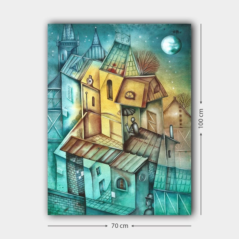 Canvas taulu 70x100 cm - Surrealistinen kaupunkikuva värikkäillä taloilla ja henkilö istumassa katolla sateenvarjon alla - Vihreä / Keltainen / Sininen - Sisustustuotteet - Taulu & taide - Canvas-taulu
