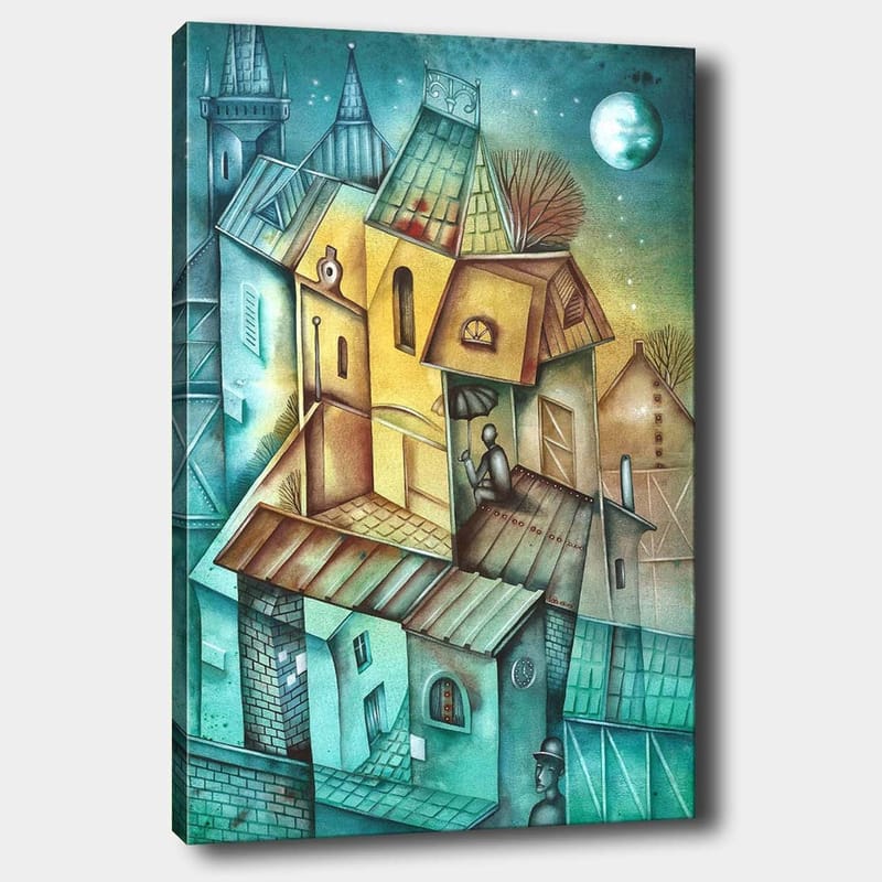 Canvas taulu 70x100 cm - Surrealistinen kaupunkikuva värikkäillä taloilla ja henkilö istumassa katolla sateenvarjon alla, Vihreä / Keltainen / Sininen