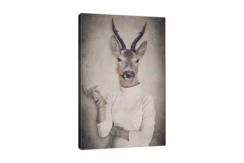 Canvas taulu 70x100 cm - Surrealistinen kuva peuranpäätä käyttävästä miehestä, joka elehtii kädellään, Beige / Harmaa / Ruskea