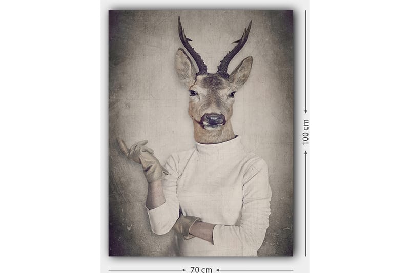 Canvas taulu 70x100 cm - Surrealistinen kuva peuranpäätä käyttävästä miehestä, joka elehtii kädellään - Beige / Harmaa / Ruskea - Sisustustuotteet - Taulu & taide - Canvas-taulu