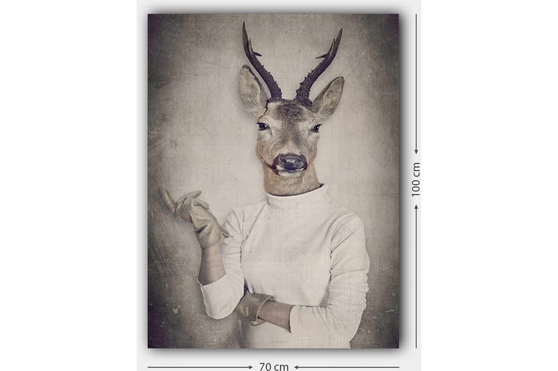Canvas taulu 70x100 cm - Surrealistinen kuva peuranpäätä käyttävästä miehestä, joka elehtii kädellään - Beige / Harmaa / Ruskea - Sisustustuotteet - Taulu & taide - Canvas-taulu