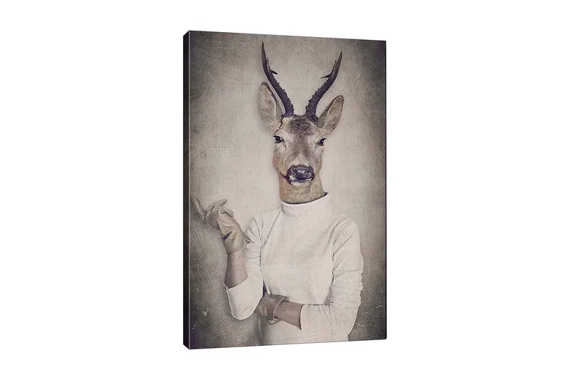 Canvas taulu 70x100 cm - Surrealistinen kuva peuranpäätä käyttävästä miehestä, joka elehtii kädellään, Beige / Harmaa / Ruskea