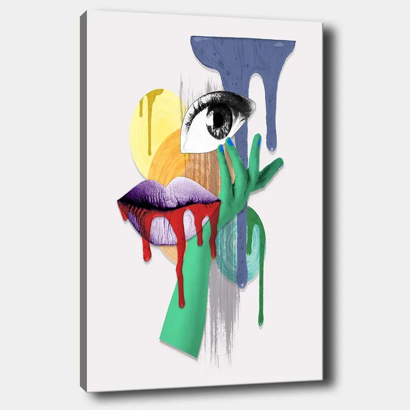 Canvas taulu 70x100 cm - Surrealistinen muotokuva silmästä, huulista ja kädestä kirkkaissa väreissä, Vihreä / Violetti / Punainen