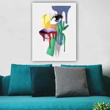 Canvas taulu 70x100 cm - Surrealistinen muotokuva silmästä, huulista ja kädestä kirkkaissa väreissä - Vihreä / Violetti / Punainen - Sisustustuotteet - Taulu & taide - Canvas-taulu