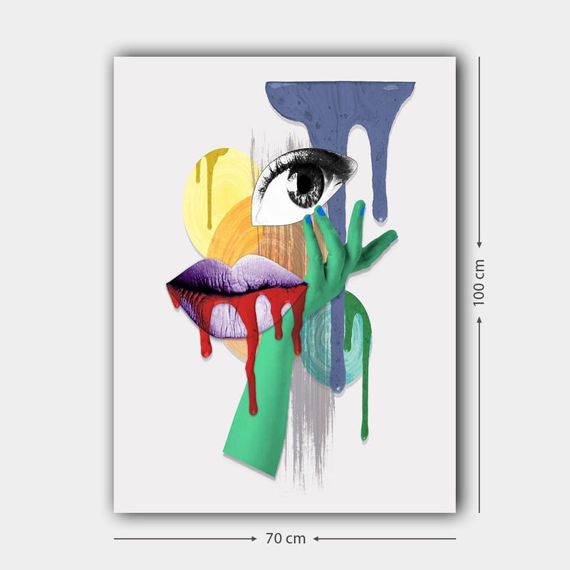 Canvas taulu 70x100 cm - Surrealistinen muotokuva silmästä, huulista ja kädestä kirkkaissa väreissä - Vihreä / Violetti / Punainen - Sisustustuotteet - Taulu & taide - Canvas-taulu