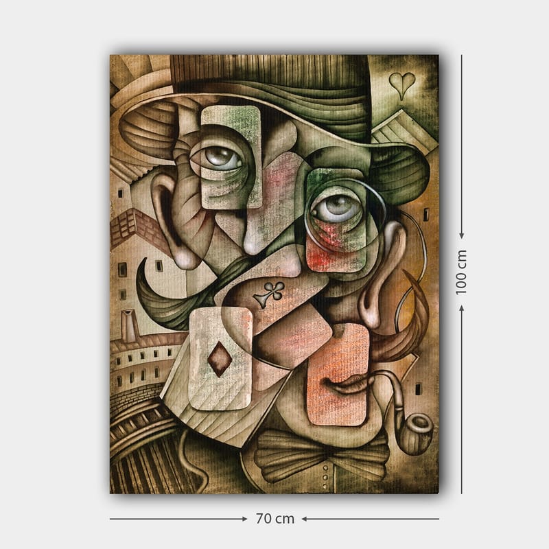 Canvas taulu 70x100 cm - Surrealistinen muotokuvasommitelma, jossa on kaksi kasvoa ja pelikorttielementtejä - Vihreä / Ruskea / Punainen - Sisustustuotteet - Taulu & taide - Canvas-taulu