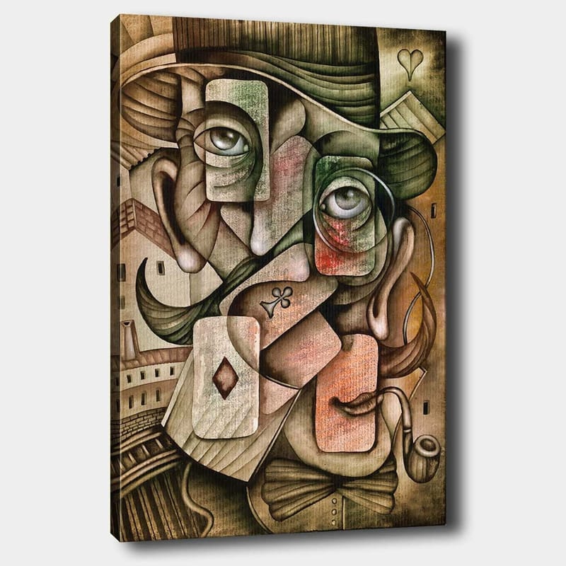 Canvas taulu 70x100 cm - Surrealistinen muotokuvasommitelma, jossa on kaksi kasvoa ja pelikorttielementtejä, Vihreä / Ruskea / Punainen