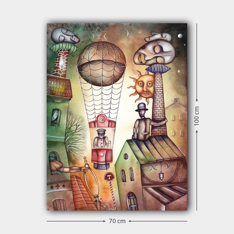 Canvas taulu 70x100 cm - Surrealistinen näkymä kuumailmapallosta, joka leijuu kaupungin yllä tyypillisten rakennusten ja hahmojen ympäröimänä. - Vihreä / Ruskea / Beige - Sisustustuotteet - Taulu & taide - Canvas-taulu