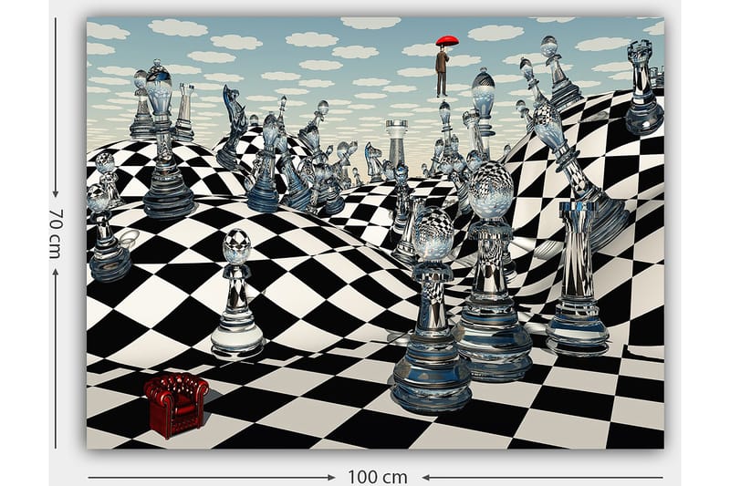 Canvas taulu 70x100 cm - Surrealistinen shakkilauta, jossa läpinäkyvät shakkinappulat ulottuvat aaltoilevan maiseman yli - Musta / Valkoinen / Läpinäkyvä - Sisustustuotteet - Taulu & taide - Canvas-taulu